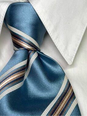 CANALI Made in Italy Silk/Cotton Blend Blue Striped Tie L58” W3.75” Smooth Feel